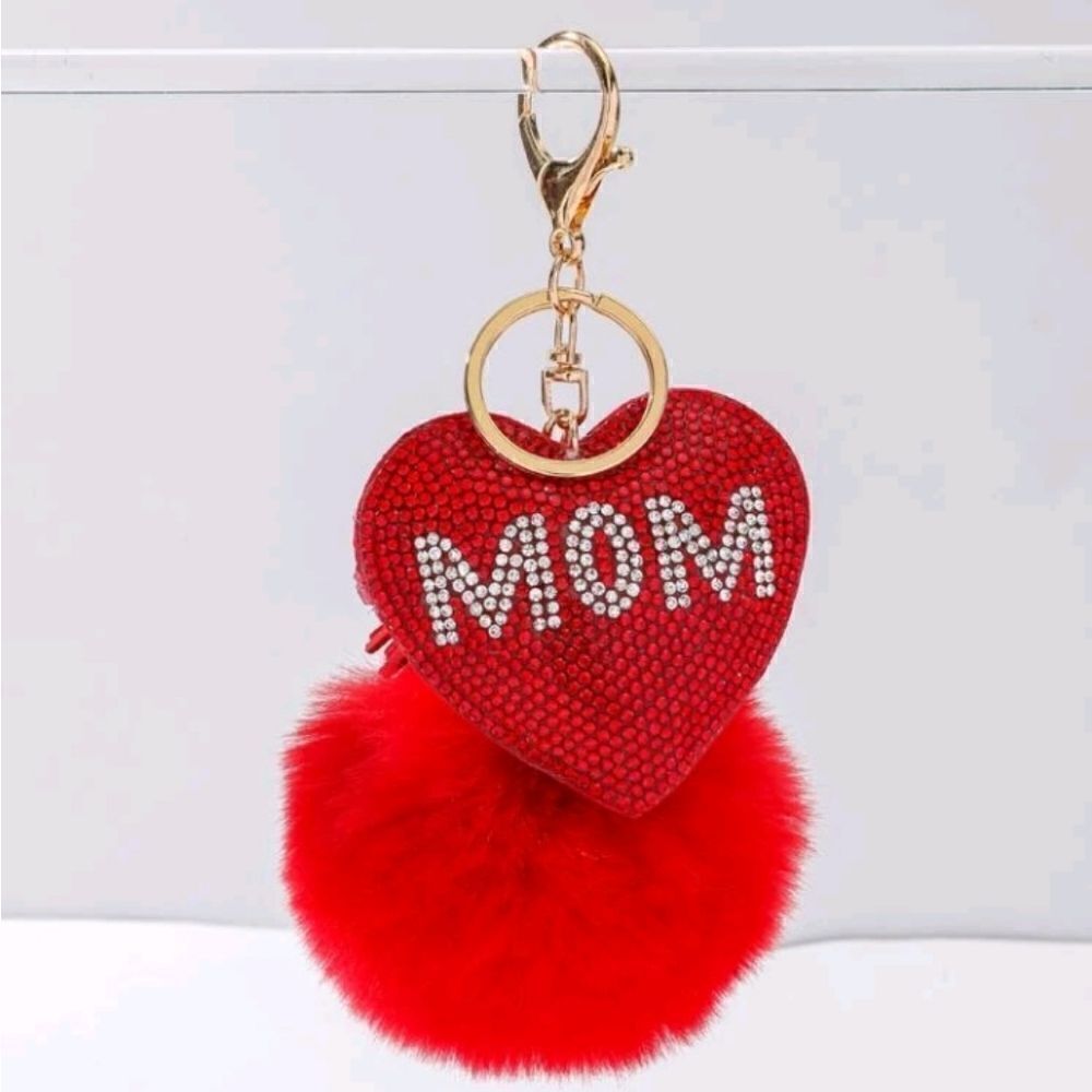 Rhinestone Red Heart MOM Keychain PomPom Tassel Purse Charm Gift